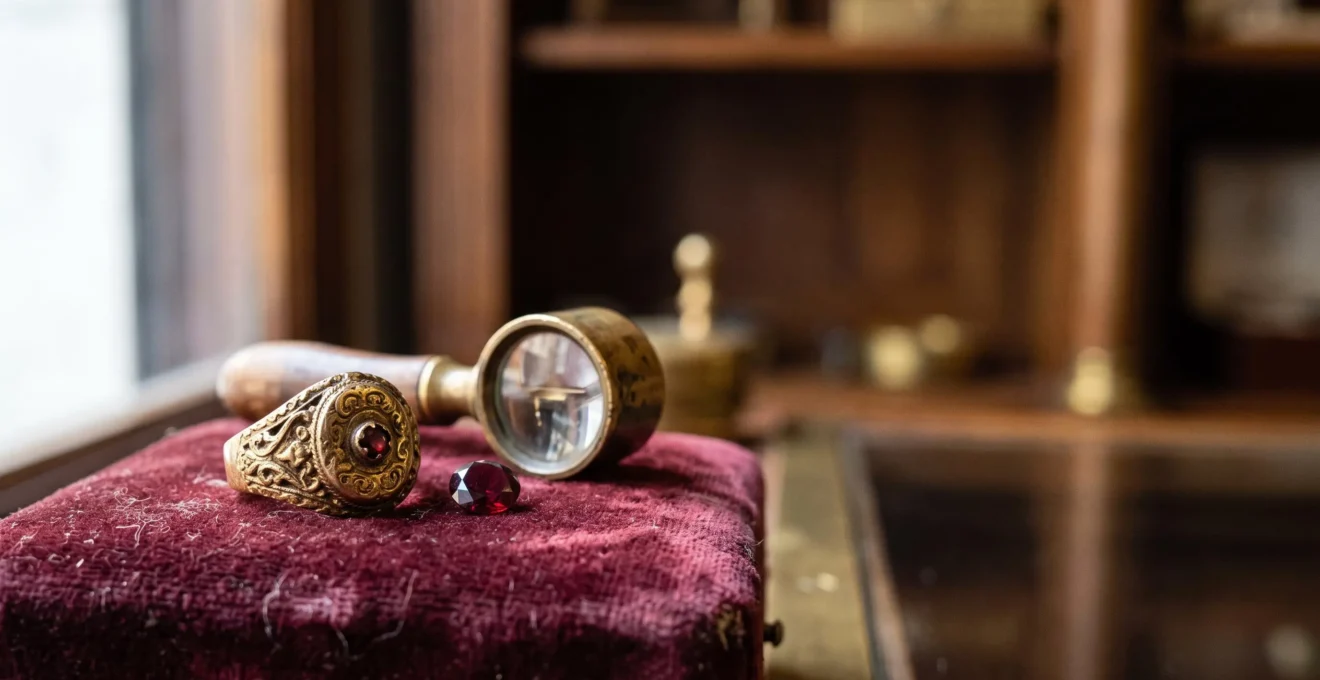 Anillo antiguo español colocado sobre terciopelo envejecido, simbolizando historia y valores personales