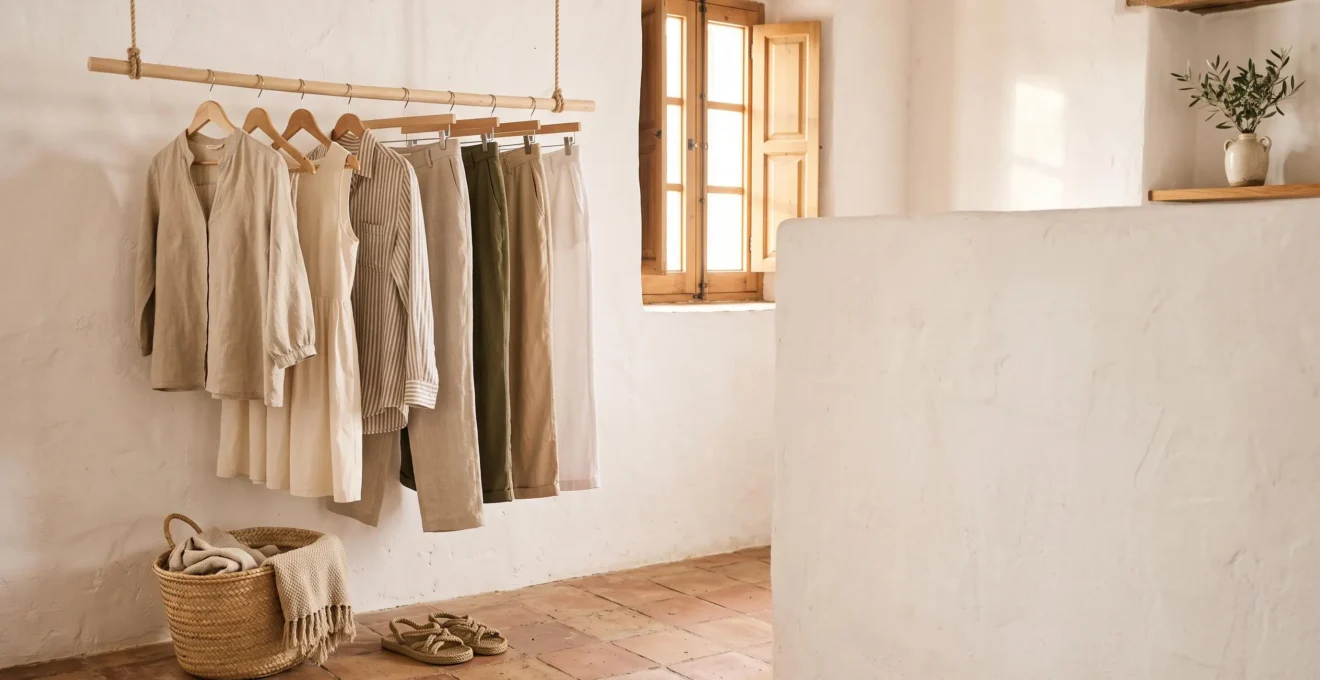 Vestidor luminoso de estilo mediterráneo español con prendas de fibras naturales colgadas y una cesta de esparto, simbolizando un armario sostenible con estilo