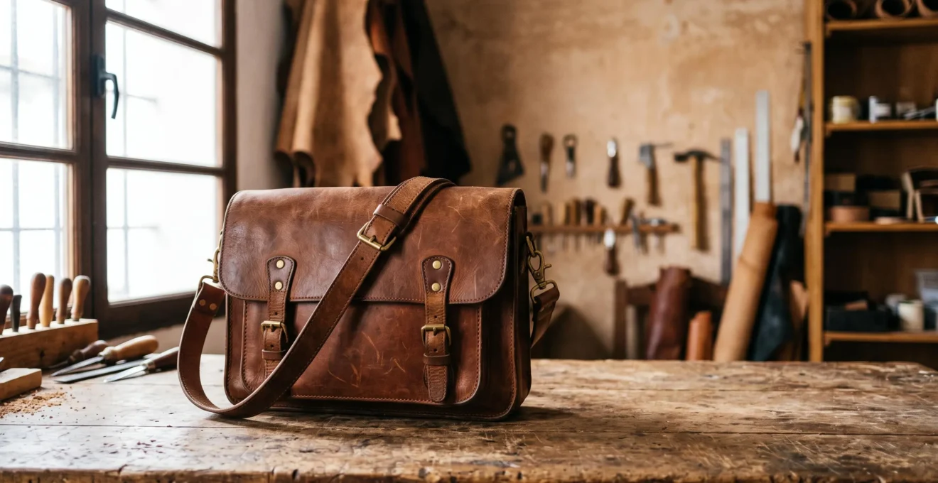 Bolso de piel artesanal español sobre una mesa de taller, con luz cálida que resalta su pátina natural