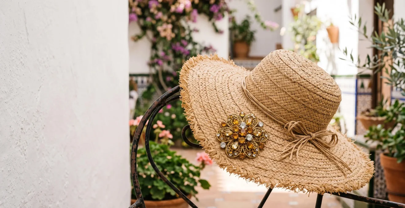 Broche vintage dorado colocado de forma inesperada en el ala de un sombrero, sobre un fondo de patio andaluz con luz cálida
