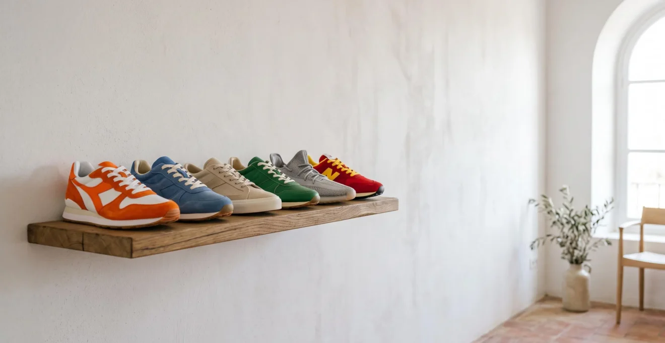Zapatillas de edicion limitada perfectamente conservadas y alineadas sobre una estanteria minimalista en un piso luminoso