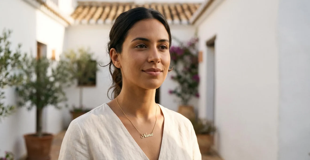 Mujer joven con un collar con nombre minimalista y elegante, reflejando confianza y autenticidad