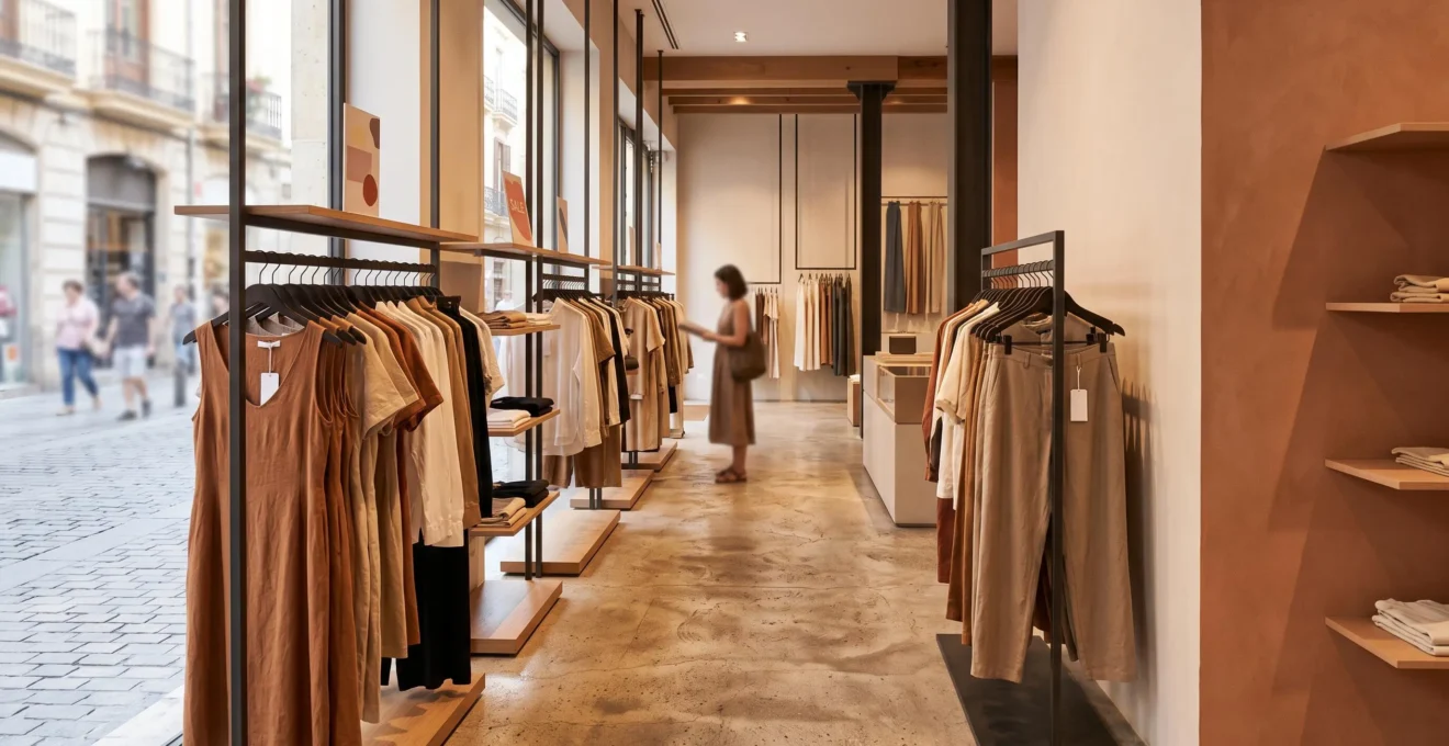 Interior editorial de una tienda de moda espanola durante la temporada de rebajas, con perchas organizadas y luz natural calida