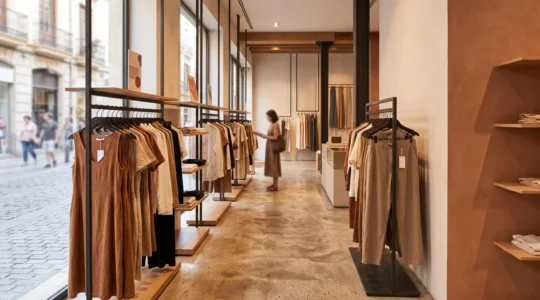 Interior editorial de una tienda de moda espanola durante la temporada de rebajas, con perchas organizadas y luz natural calida
