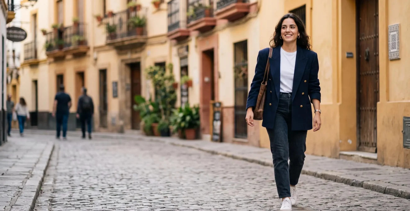 Mujer con estilo combinando una chaqueta vintage de los 80 con vaqueros modernos en una calle de Madrid