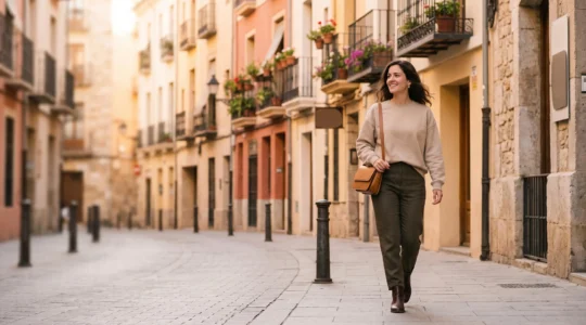 Joven con estilo llevando una sudadera oversize combinada con complementos elegantes en una calle de una ciudad española.