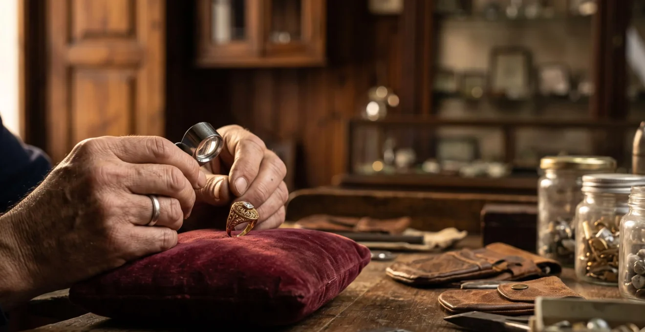 Joyero examinando con lupa una sortija antigua sobre terciopelo en un taller tradicional español