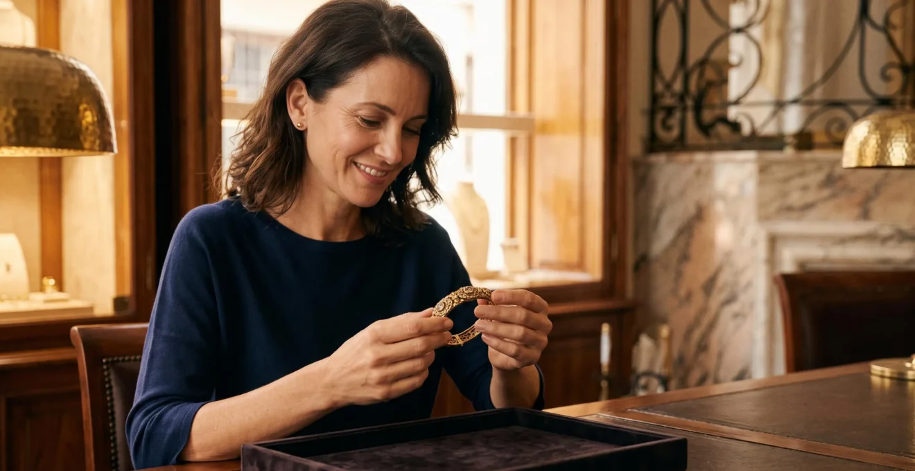 Mujer elegante contemplando con admiracion una joya vintage de alta gama en una boutique espanola