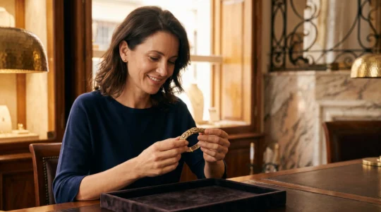 Mujer elegante contemplando con admiracion una joya vintage de alta gama en una boutique espanola
