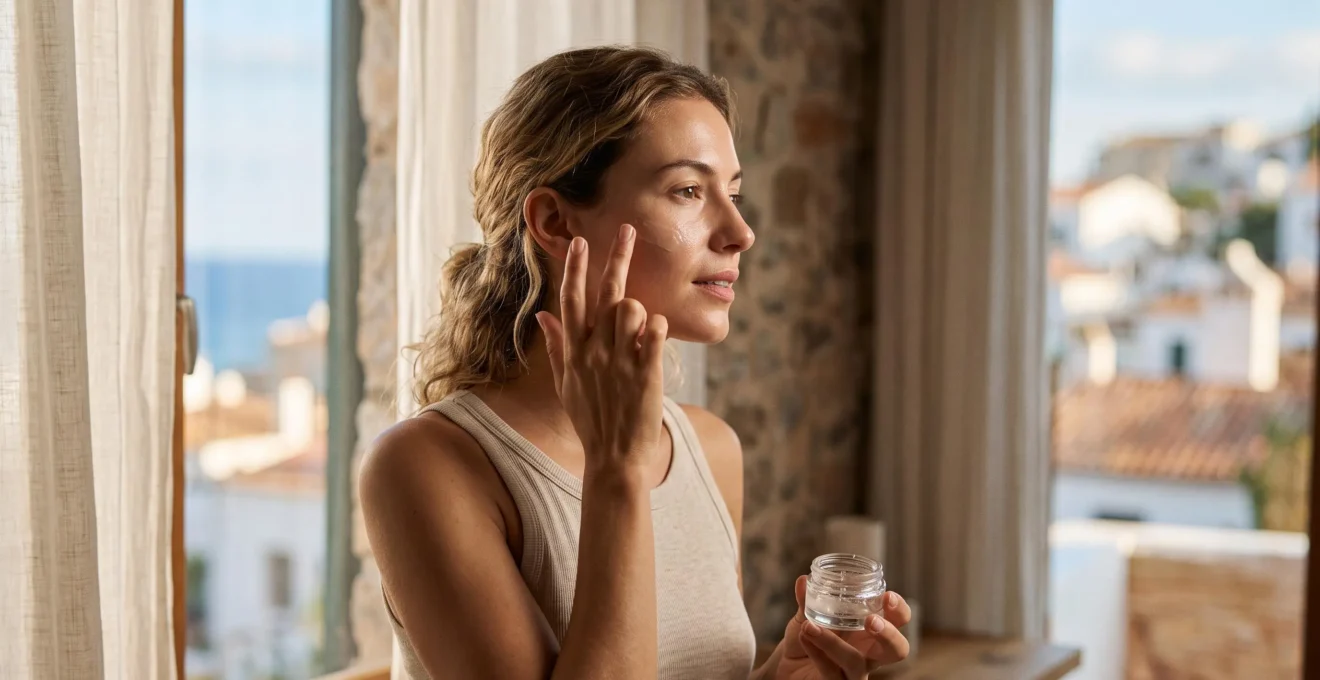 Mujer aplicándose crema hidratante ligera frente a un ventanal con luz mediterránea, evocando el equilibrio entre hidratación y clima cálido en España.