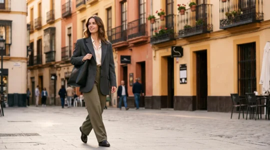 Mujer con estilo elegante caminando por una calle emblematica de una ciudad espanola, simbolizando la transicion de una tendencia de pasarela a la moda de calle