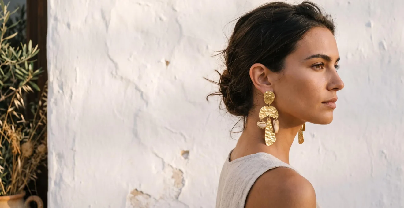 Mujer con pendientes maxi que realzan su rostro sin dominarlo, en un entorno editorial de inspiración mediterránea española