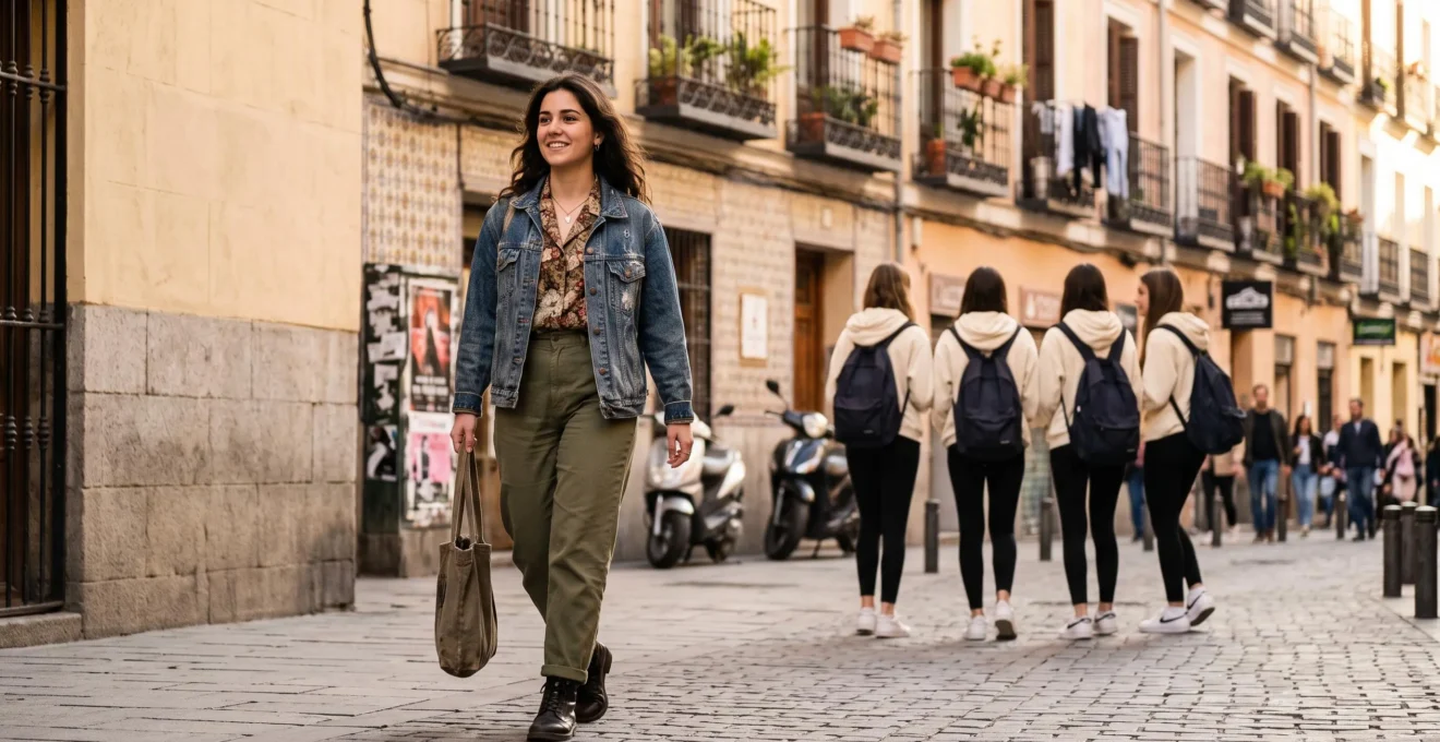 Joven con un estilo personal ecléctico caminando por una calle de Madrid, contrastando con un grupo de chicas vestidas de forma idéntica al fondo