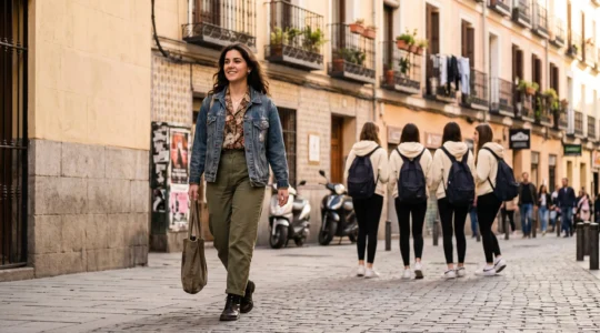 Joven con un estilo personal ecléctico caminando por una calle de Madrid, contrastando con un grupo de chicas vestidas de forma idéntica al fondo