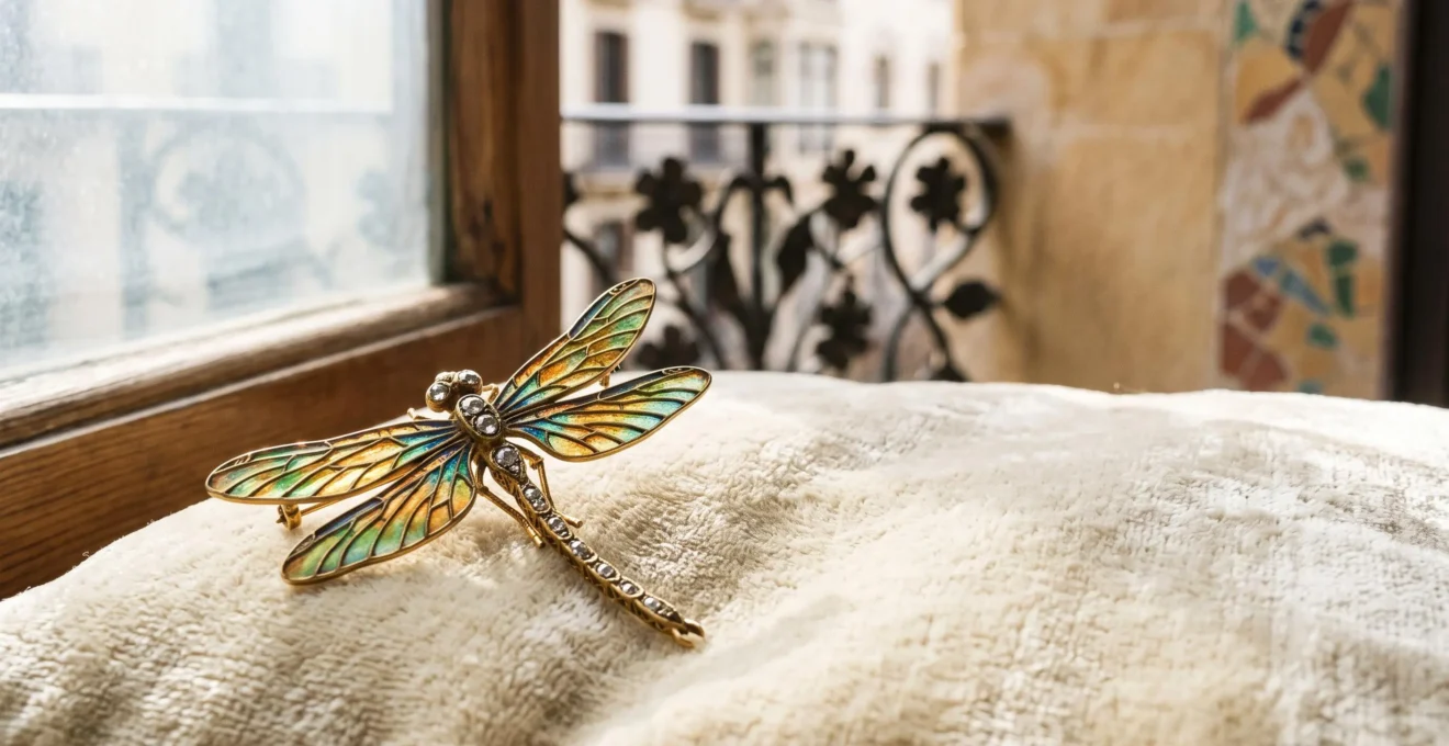 Broche antiguo de esmalte plique-à-jour Art Nouveau iluminado por luz natural, evocando la joyería modernista española de principios del siglo XX