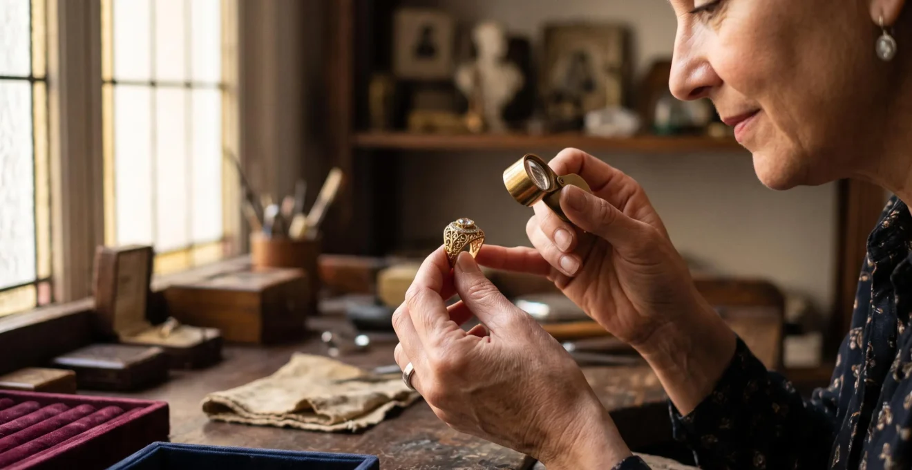 Manos examinando cuidadosamente una joya de oro vintage con una lupa antes de una compra online segura