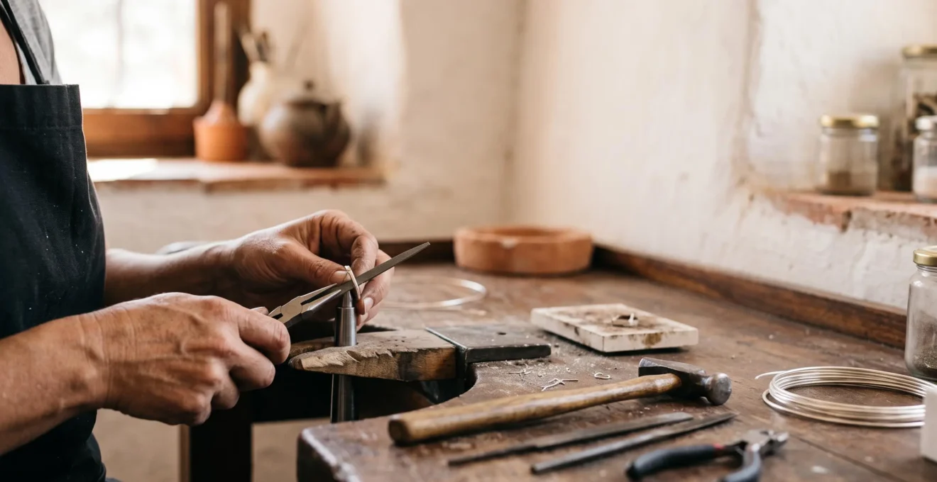 Manos de una joyera artesanal trabajando plata en un taller casero con luz natural mediterránea