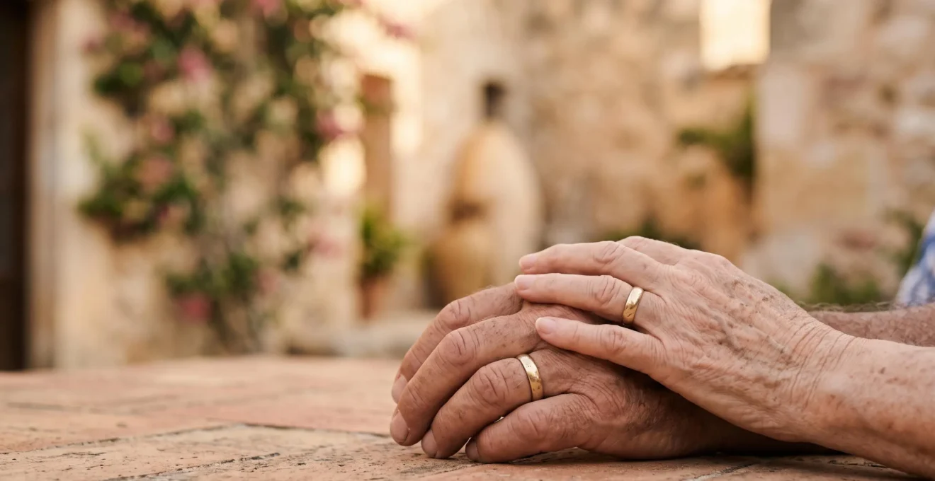 Manos entrelazadas de una pareja mayor luciendo alianzas de oro desgastadas tras 50 años de matrimonio