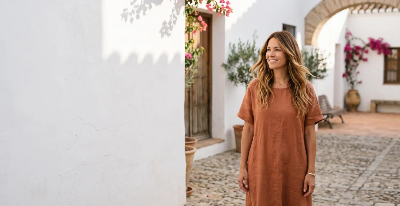 Mujer con mechas balayage doradas y naturales que reflejan la luz mediterránea, con textura de cabello saludable y brillante