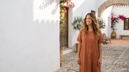 Mujer con mechas balayage doradas y naturales que reflejan la luz mediterránea, con textura de cabello saludable y brillante