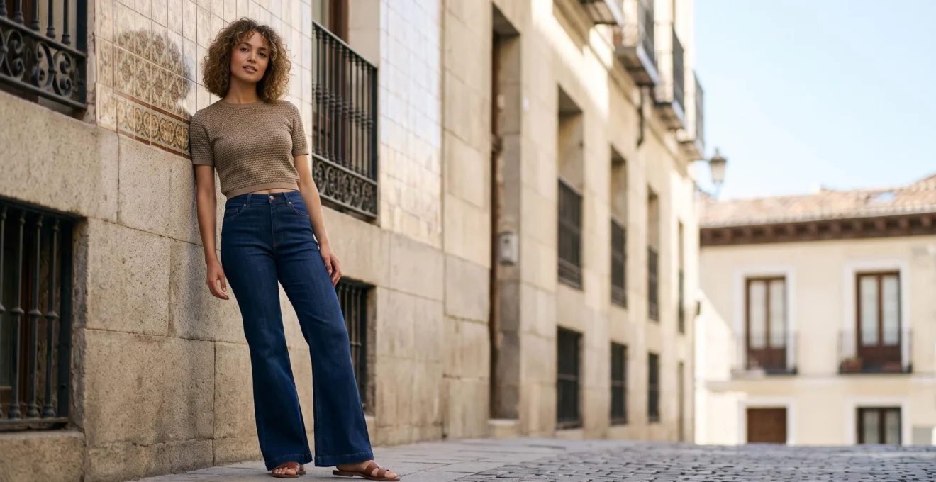 Persona con un conjunto de inspiración retro reinterpretado con corte moderno en un entorno urbano español