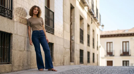 Persona con un conjunto de inspiración retro reinterpretado con corte moderno en un entorno urbano español