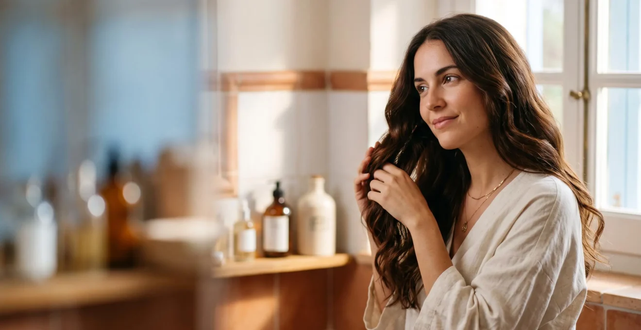 Mujer con cabello sano y brillante en un cuarto de baño luminoso de estilo mediterráneo, representando la transición a un champú sin sulfatos