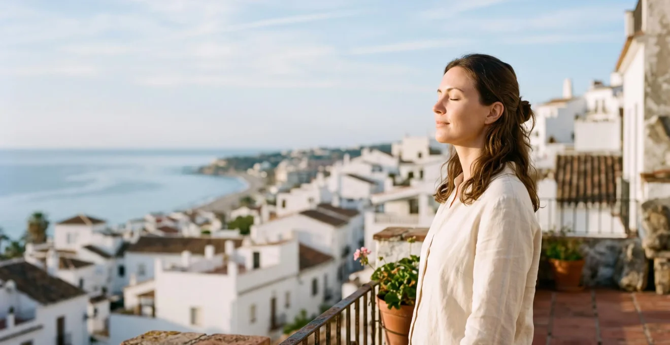 Mujer con piel luminosa y saludable en una terraza mediterránea al amanecer, reflejando el equilibrio entre cuerpo y mente