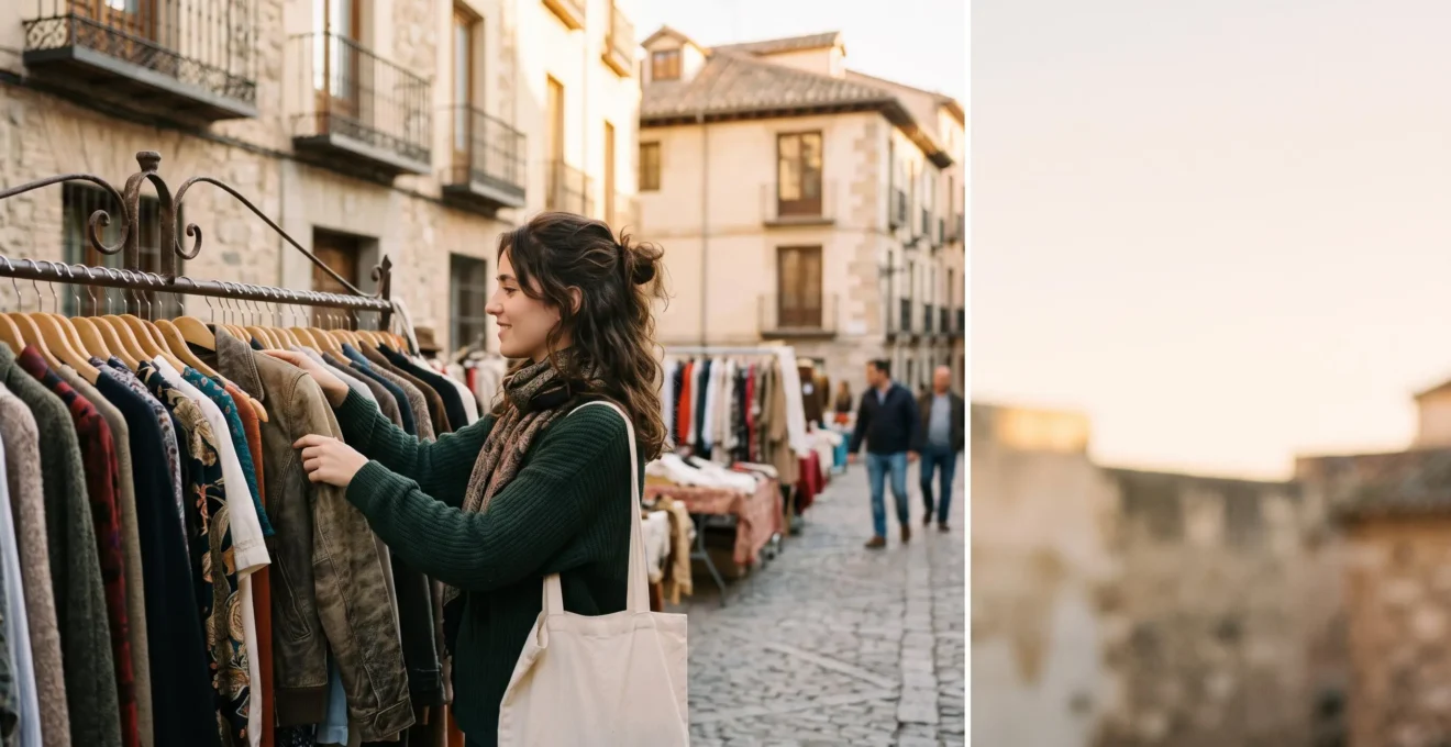 Persona explorando percheros de ropa vintage en un mercadillo español al aire libre durante la mañana