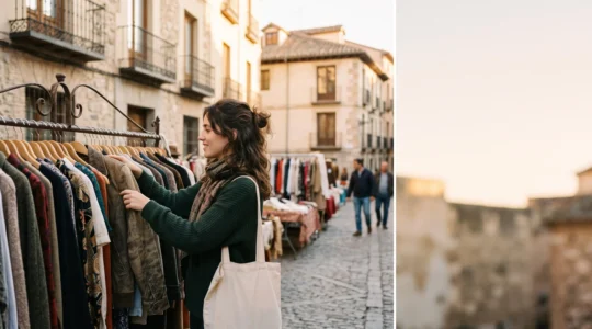 Persona explorando percheros de ropa vintage en un mercadillo español al aire libre durante la mañana