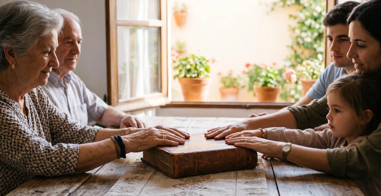 Manos de varias generaciones de una familia española compartiendo un objeto con significado emocional sobre una mesa de madera