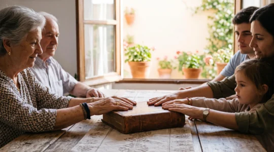 Manos de varias generaciones de una familia española compartiendo un objeto con significado emocional sobre una mesa de madera