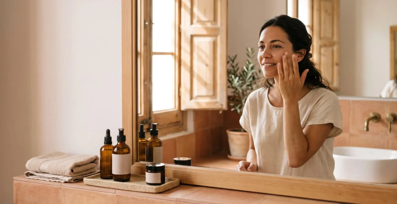 Mujer joven en un cuarto de baño luminoso de estilo mediterraneo aplicandose una rutina de cuidado facial sencilla y economica
