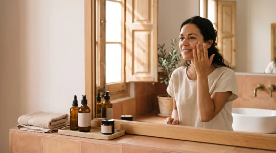 Mujer joven en un cuarto de baño luminoso de estilo mediterraneo aplicandose una rutina de cuidado facial sencilla y economica
