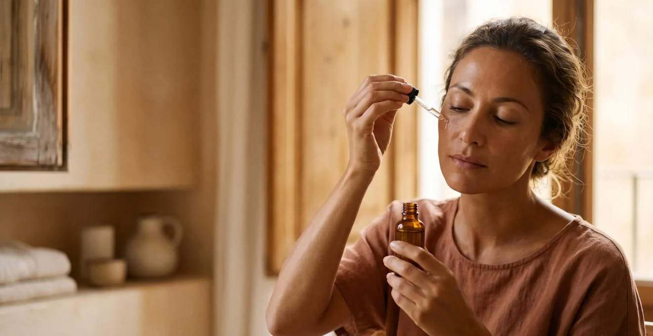 Primer plano editorial de una mujer aplicándose un sérum antiedad, con luz mediterránea natural, evocando la comparativa científica entre retinol, vitamina C y péptidos