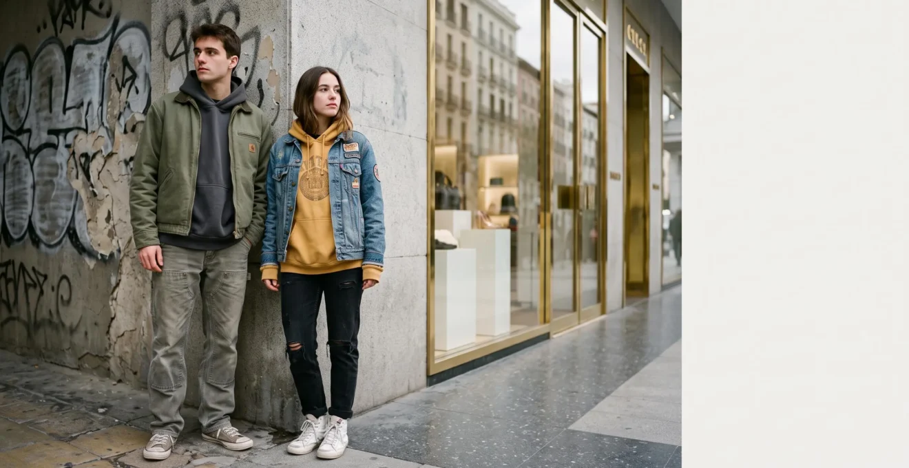 Joven con estilo streetwear en una calle de Madrid, contraste entre cultura urbana autentica y estetica de lujo