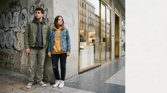 Joven con estilo streetwear en una calle de Madrid, contraste entre cultura urbana autentica y estetica de lujo
