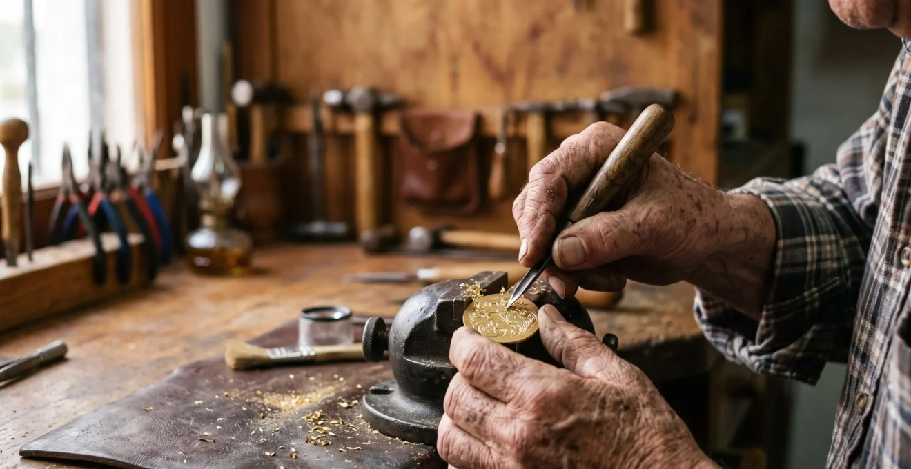 Manos de un maestro grabador tallando a buril una medalla de oro en un taller artesanal español, simbolizando un mensaje que perdurará generaciones